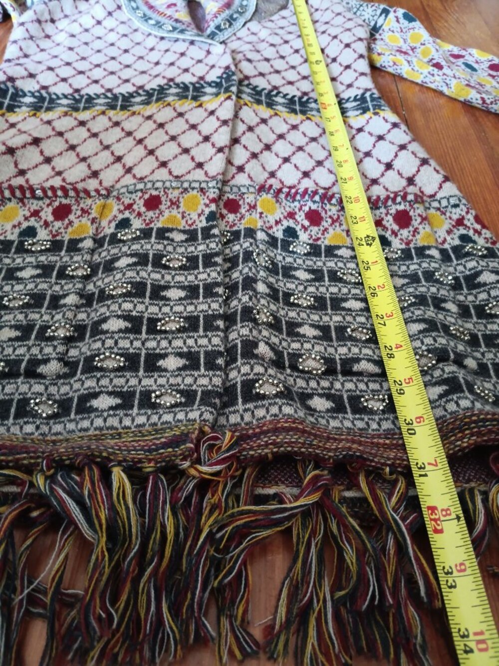 Anthropologie Lambs Wool Sweater Angel Of The North Fringe Boho Beaded Western - Picture 5 of 10